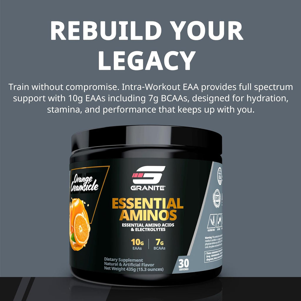 Granite Essential Amino Acids Powder for Muscle Recovery and Growth with 10g EAAs and 7g BCAAs - Soy-Free, Gluten-Free, 448g (30 Servings), Orange Creamsicle Flavor