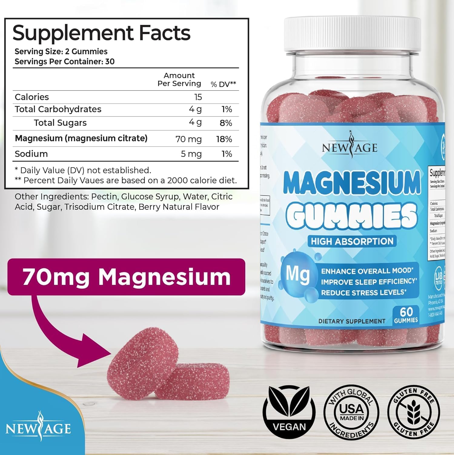 Magnesium Gummies - Calming Anti-Stress Gummies, Magnesium Supplement for Adults and Kids, Vegan, Gelatin-Free, Gluten-Free, Non-GMO, Delicious Natural Raspberry Flavor- 180 Count - by New Age