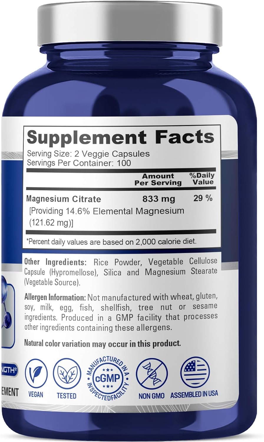 NusaPure Magnesium Citrate 833mg - 200 Veggie Capsules (Vegetarian, Non-GMO, Vegan)