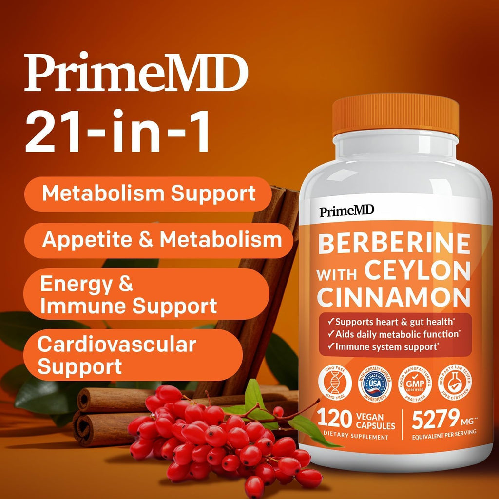 21-in-1 Berberine Supplement with Ceylon Cinnamon with Chromium, Bitter Melon and Green Tea Extract and Black Pepper Extract 5X for Energy & Metabolism Support with 5279 mg (120 ct, Pack of 1)