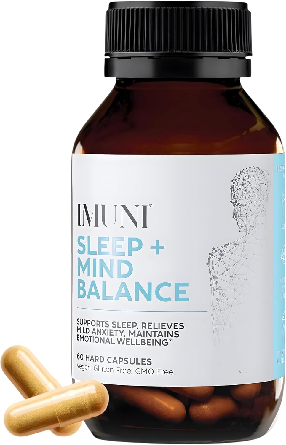 IMUNI Sleep + Mind Balance – Natural Sleep Aid & Stress Relief Supplement with Ashwagandha KSM-66®, Saffron, Lavender, Lemon Balm & Passionflower – Vegan, Non-GMO, 60 Caps