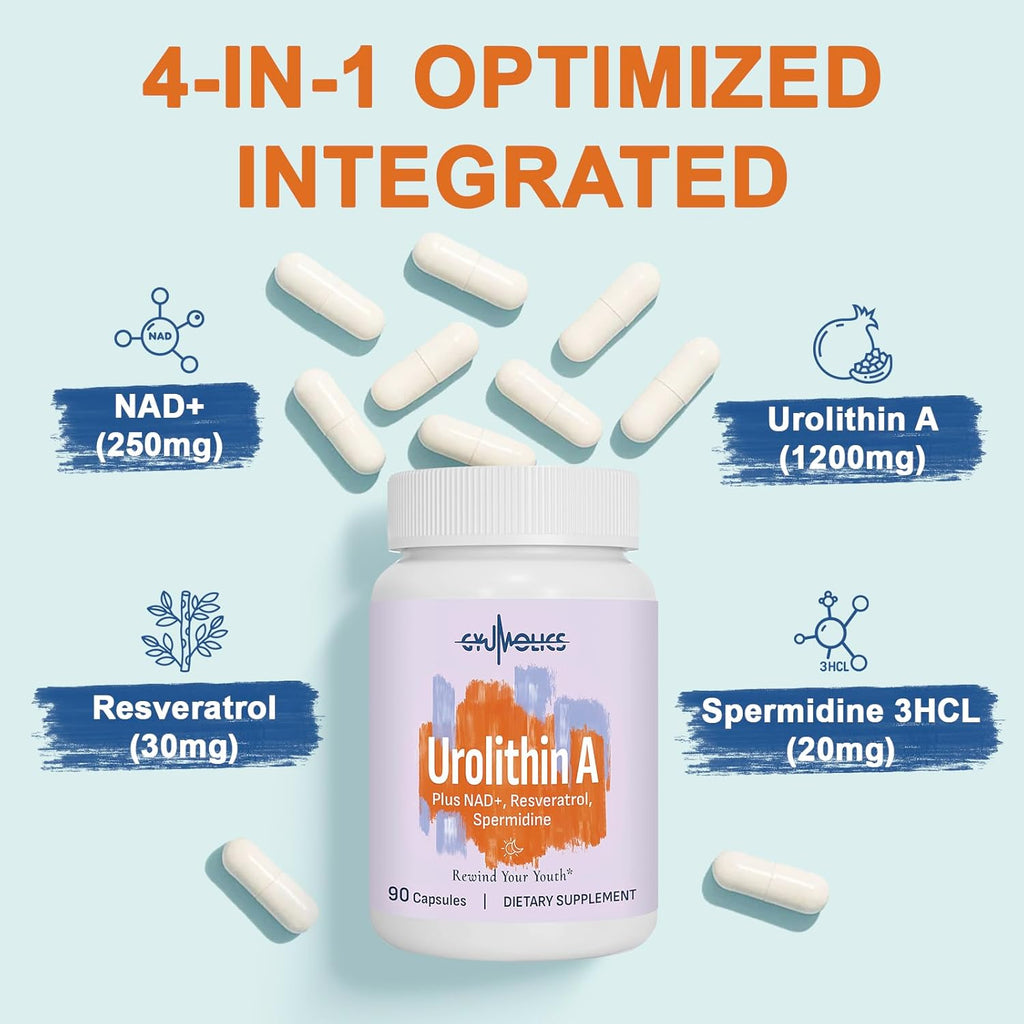 High Dose Urolithin A 1200mg Supplement for Mitochondrial, Cellular Longevity Support for Women & Men, NAD+, Trans-Resveratrol & Spermidine – High Purity & Potency, 90 Capsules