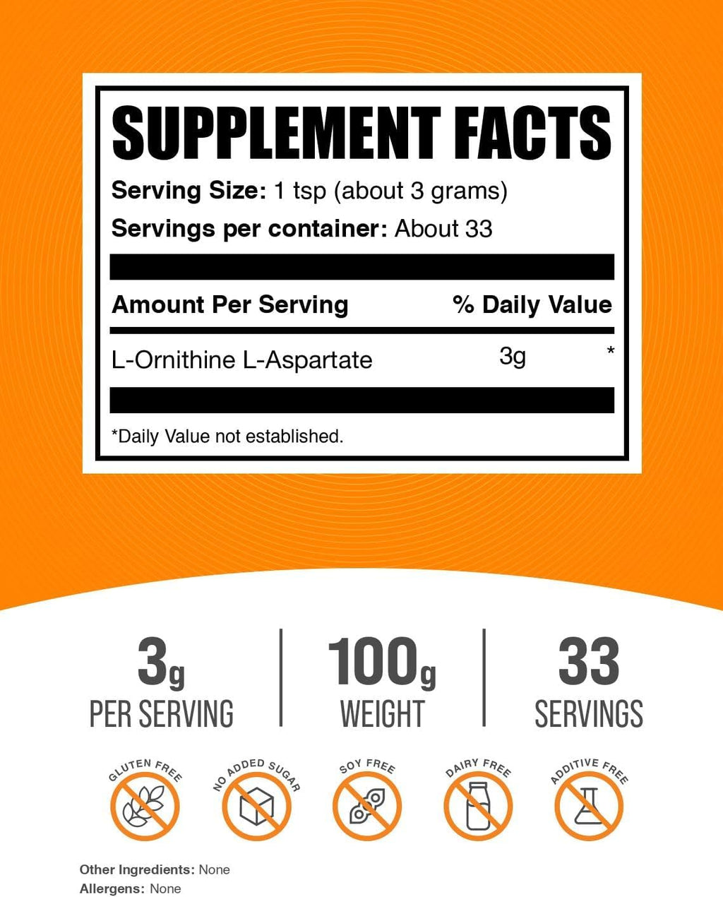 BulkSupplements.com L-Ornithine L-Aspartate Powder - Ornithine Supplement, Amino Acid Supplement - Gluten Free, 3g per Serving, 100g (3.5 oz) (Pack of 1)