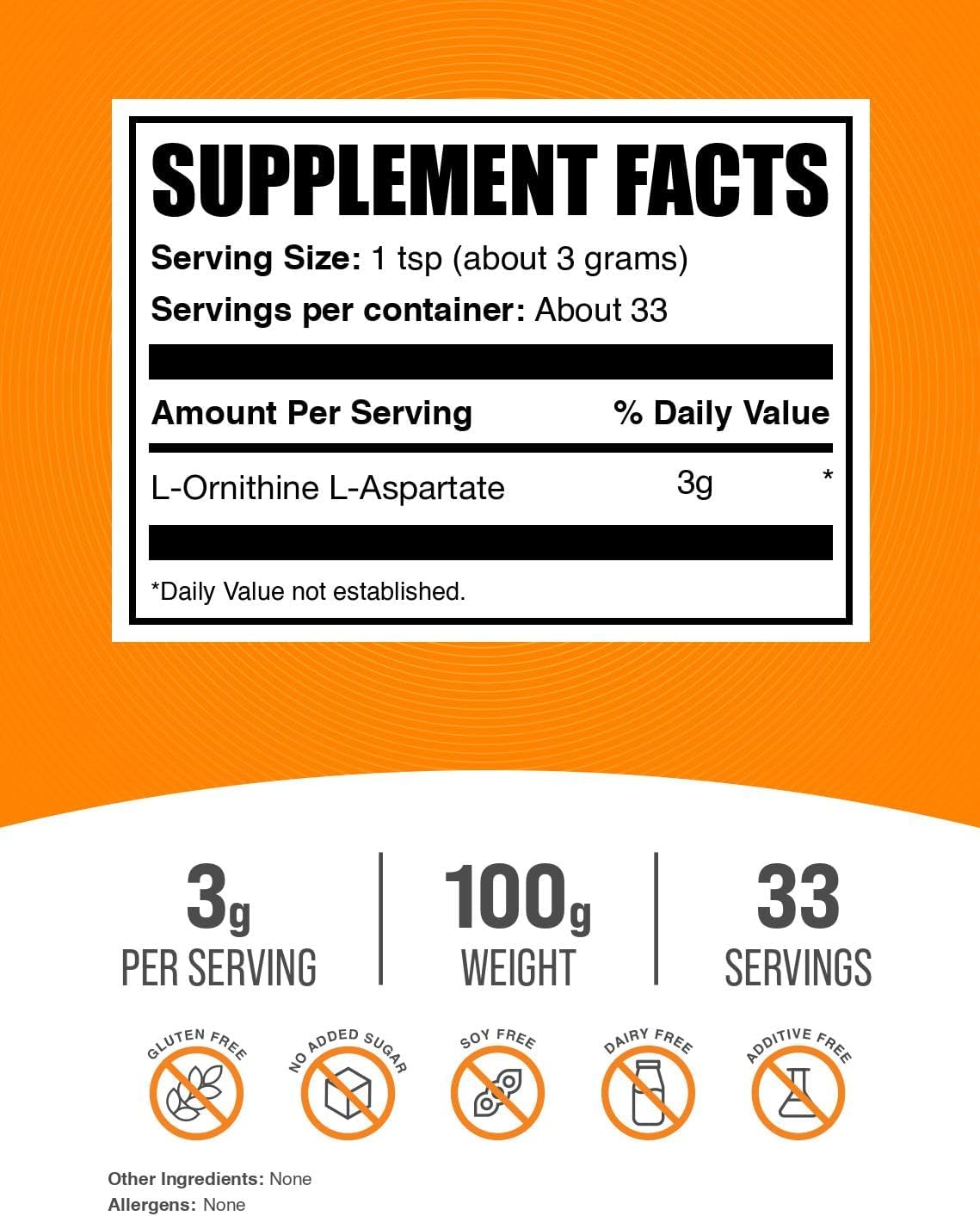 BulkSupplements.com L-Ornithine L-Aspartate Powder - Ornithine Supplement, Amino Acid Supplement - Gluten Free, 3g per Serving, 100g (3.5 oz) (Pack of 1)