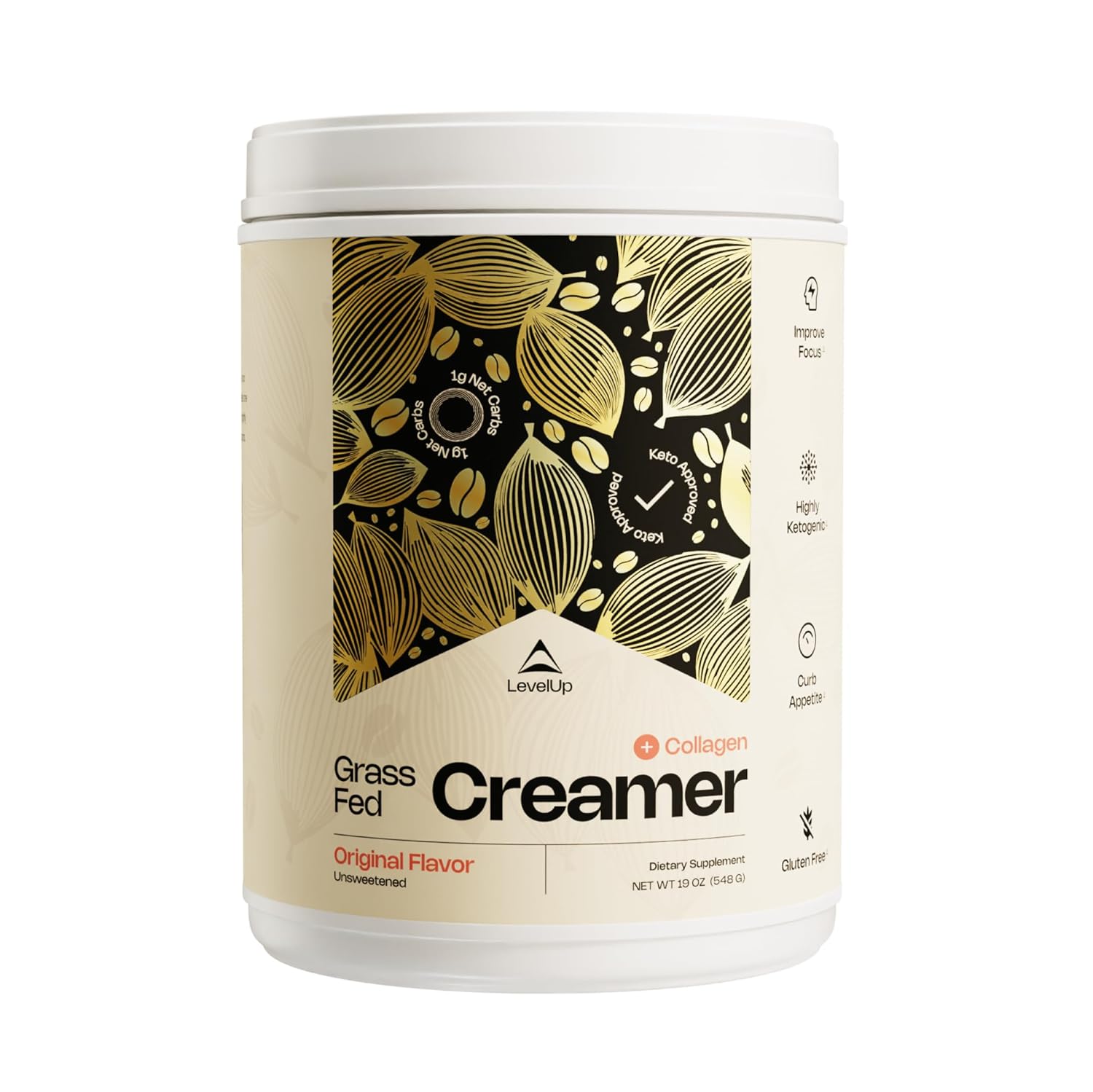 LevelUp Creamer, with Energizing MCT Oil and Collagen Peptides, Keto Coffee Creamer, Supports Natural Energy & Ketone Production - Original (Unsweetened) 19 oz