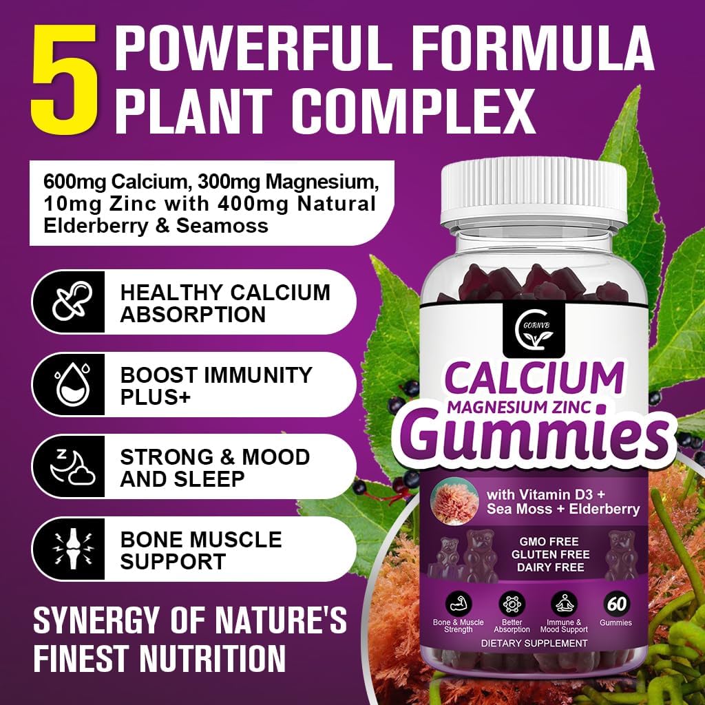 Calcium Magnesium Zinc Gummies with High Absorption Magnesium Glycinate Potassium - Plant Complex Calcium Magnesium 2:1 Ratio, with D3 Sea Moss for Bone, Muscles, Immune & Sleep Support, Vegan-3 Pack