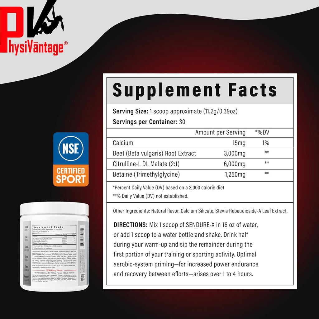 Sendure-X Beetroot + Citrulline Powder - Caffeine-Free Pre-Workout - Boosts Blood Flow, Energy, VO2 Max, Endurance, Recovery - NSF Sport Certified, Peak Performance, Natural - 30 Servings Wild Berry