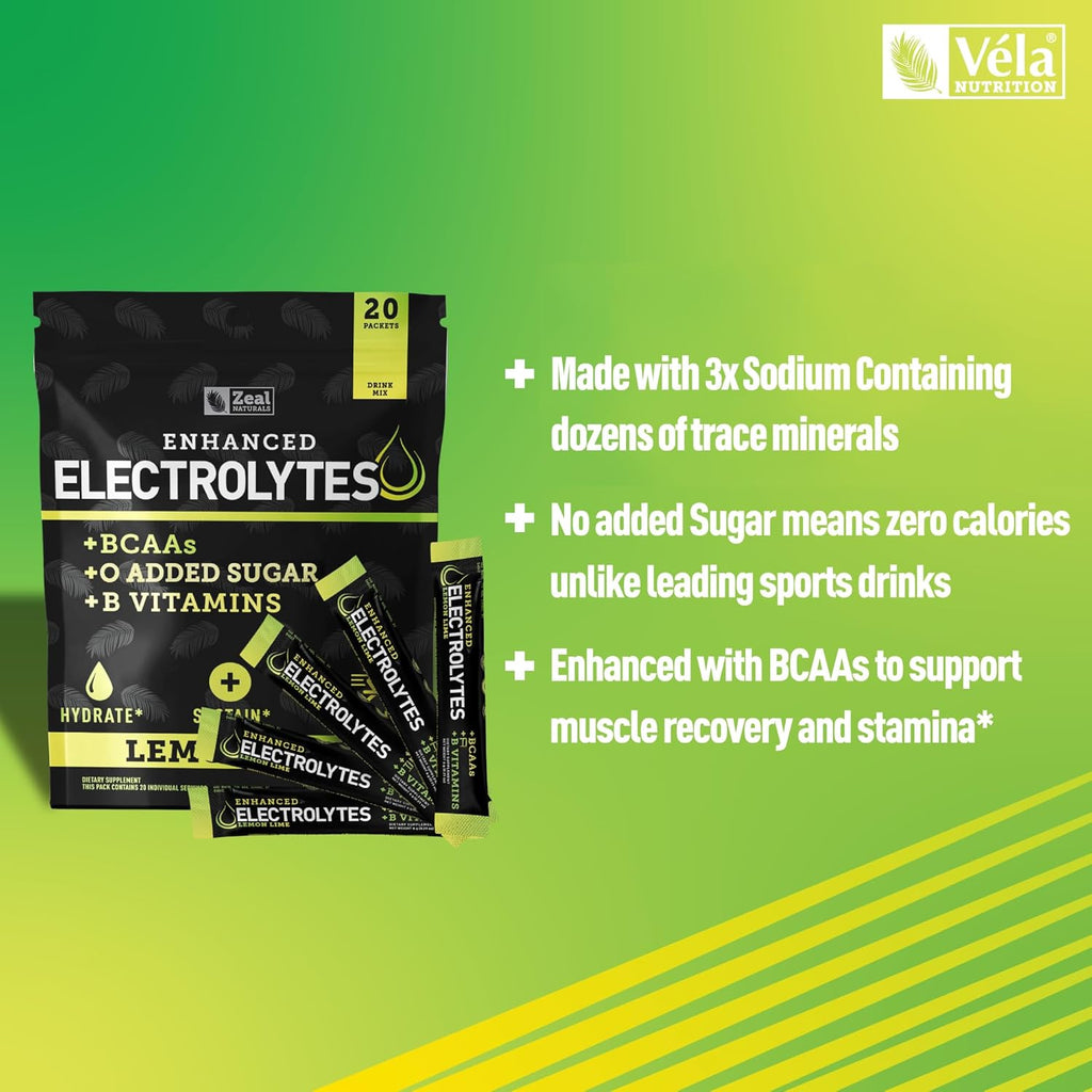Enhanced Electrolyte Powder Stick Packs (Lemon Lime | 20 Packets) w/ 0 Sugar +BCAAs +B-Vitamins Electrolyte Supplement w Potassium Zinc & Magnesium for Hydration - Keto Electrolytes