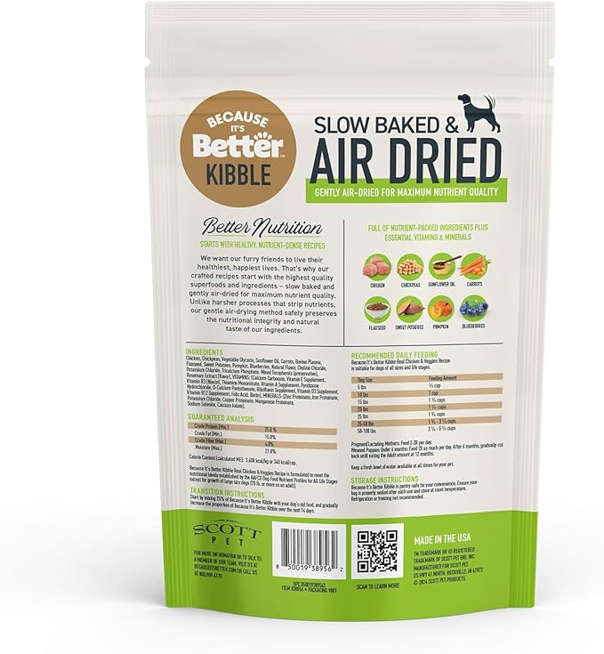 Because It's Better Slow Baked and Air Dried Dog Food, Real Chicken and Veggies, 1lb Bag, Complete and Balanced Dry Dog Food, for All Life Stages
