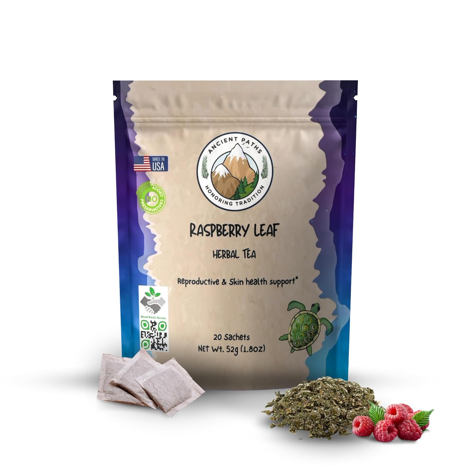 Ancient Paths Raspberry Leaf Tea - Women’s Health & Gut Support - 100% Pure Dried Raspberry Leaf - Caffeine-Free Tea - Sustainable Tea Bags (20 Sachets)