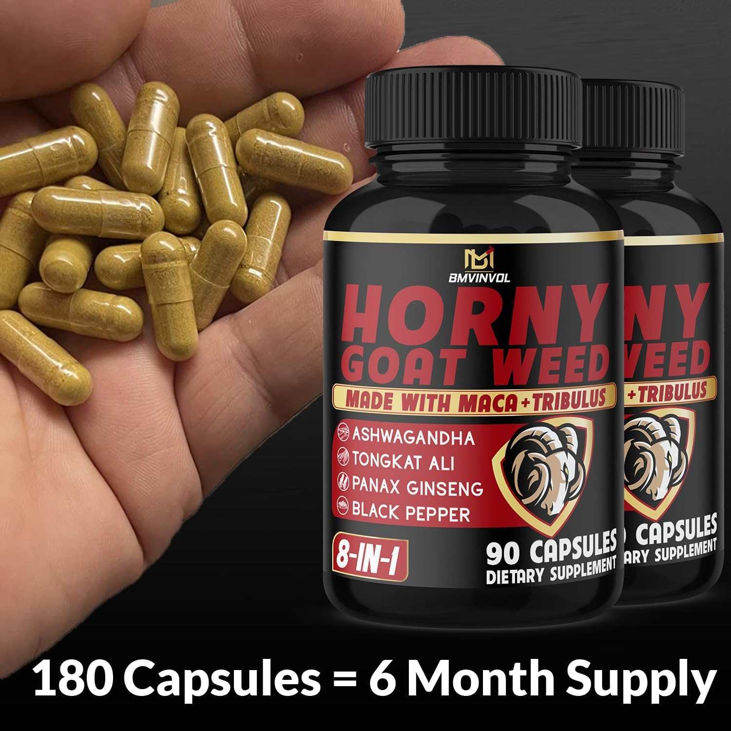 BMVINVOL 2Packs Horny Goat Weed Capsules - 180 Capsules for 6 Month Supply - Maca, Ginseng, Tribulus Terrestris, Ashwagandha