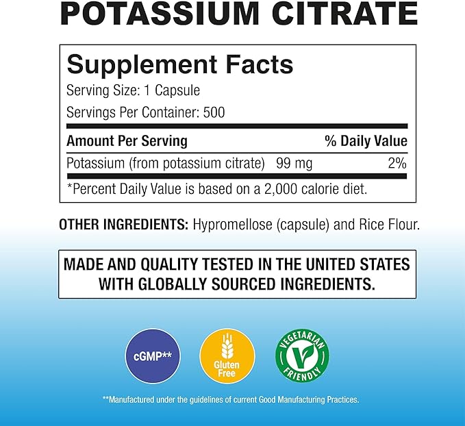 Puregen Labs Potassium Citrate 99 mg of Elemental Potassium Supplement | No Harmful Additives | Non-GMO, Gluten Free - 500 Vegetarian Capsules
