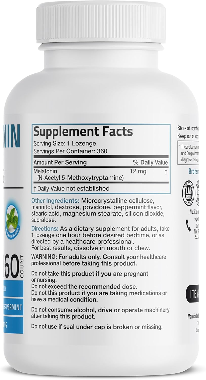 Bronson Melatonin 12mg Fast Dissolve Nighttime Sleep Aid Support & Relaxation Support, 360 Peppermint Vegetarian Lozenges