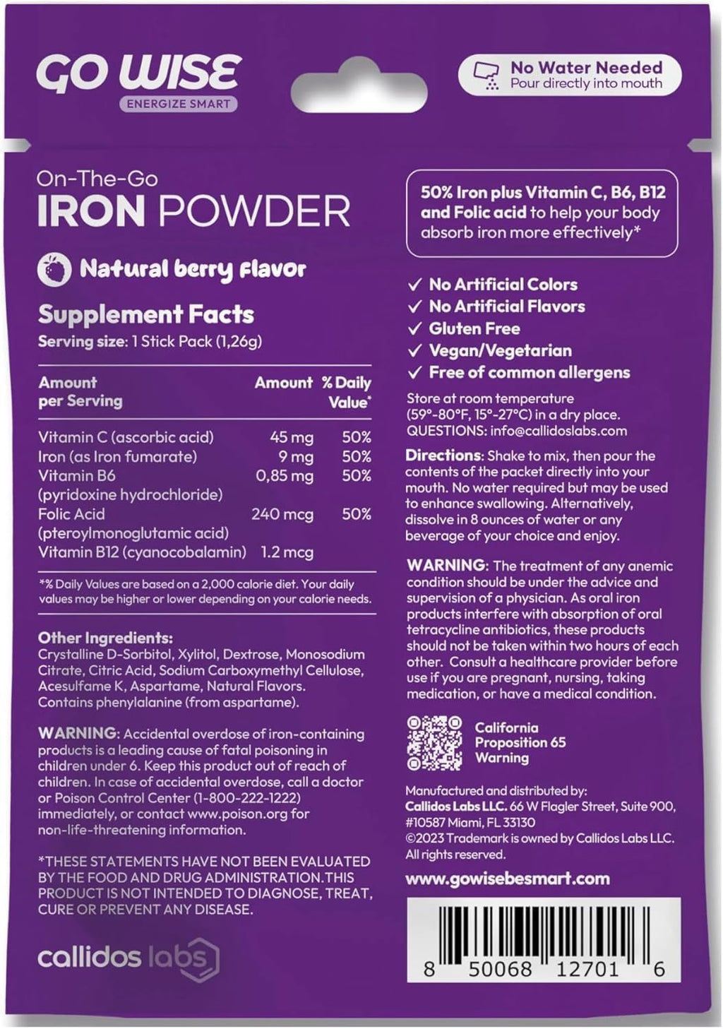Go Wise Iron Powder - 14 Stick Packs with Vitamin C, B6, B12 and Folic Acid for Direct Consumption, No Water Needed - Gentle Iron Supplement for Women and Adults - Pack of 2