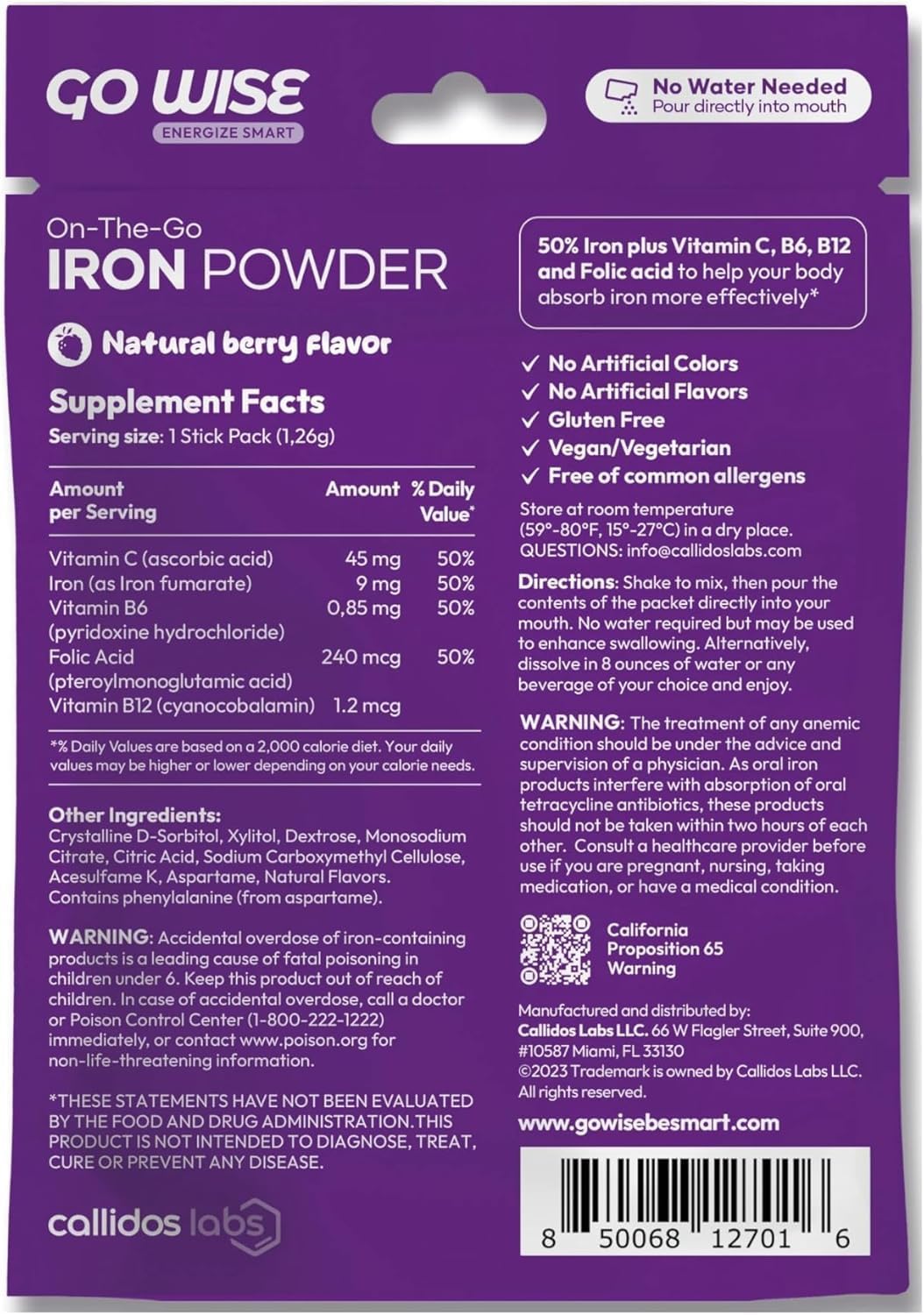 Go Wise Iron Powder - 14 Stick Packs with Vitamin C, B6, B12 and Folic Acid for Direct Consumption, No Water Needed - Gentle Iron Supplement for Women and Adults - Pack of 2