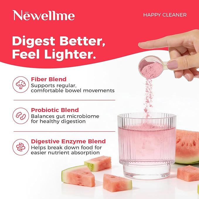 NEWELLME Happy Cleaner Digestive Supplement Powder, Gut Health Drink Mix with Probiotics, Digestive Enzymes & Fiber, Supports Digestion and Bloating, Watermelon Flavor, 28 Sachets (2 Boxes)