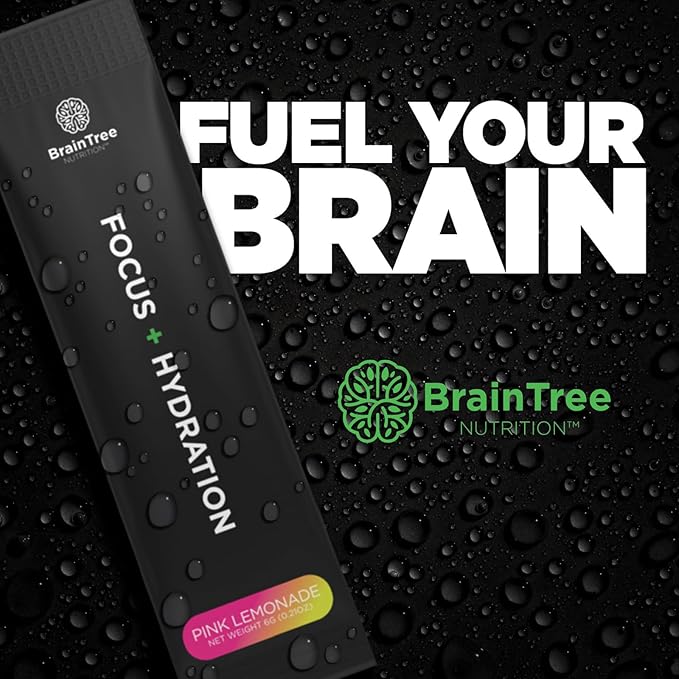 BrainTree Nutrition - Focus + Hydration - Electrolyte Drink Mix - Total Body Hydration - Supports Cognitive Function, Energy & Muscle Recovery - Sugar Free - Pink Lemonade - 30 Stick Packs