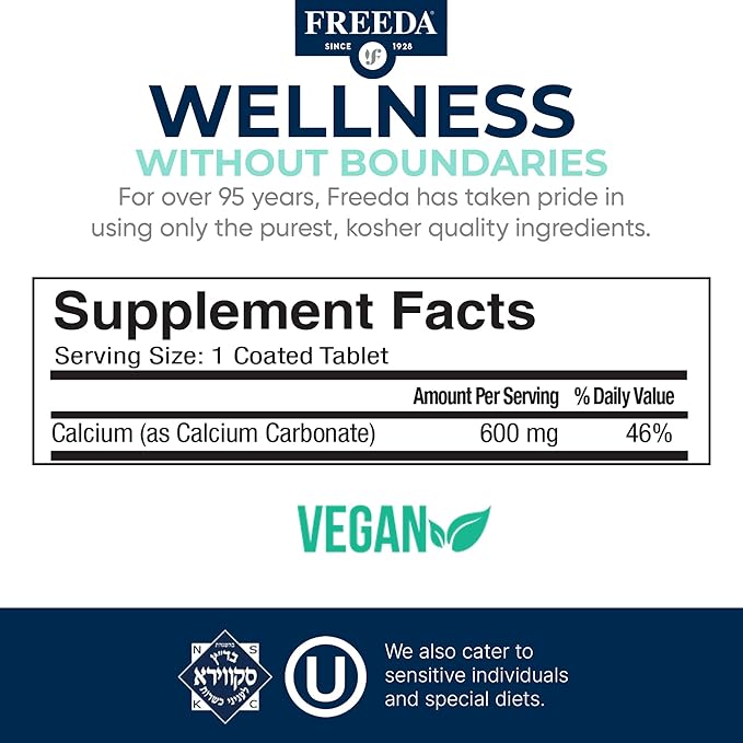 Freeda Calcium Carbonate 600 mg – 100 Tablets | High-Potency Daily Calcium Supplement | Vegan, Allergen-Free, Clean Label | Made in USA, GMP Facility, Third-Party Tested