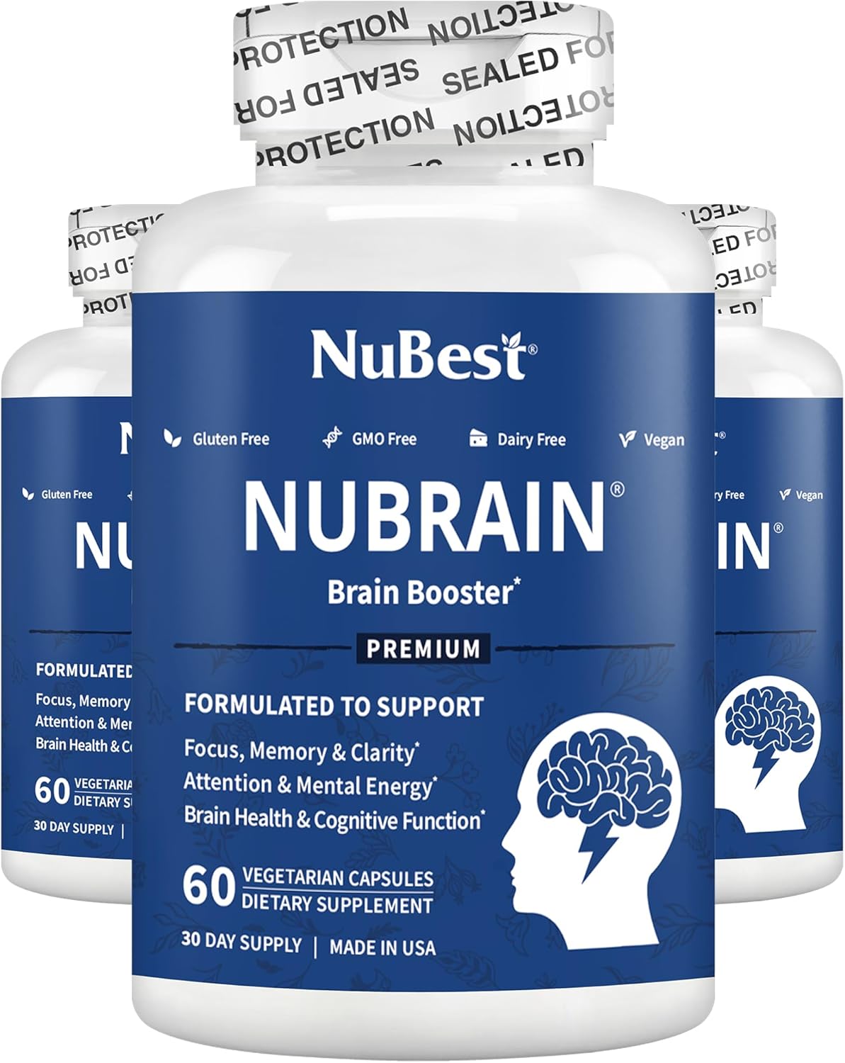 NuBrain Booster - Brain Supplement for Brain Booster, Memory, Focus & Clarity Support with St. John’s Wort, Ginkgo Biloba, Bacopa & More - Premium Nootropic Brain Supplement - 3 Pack