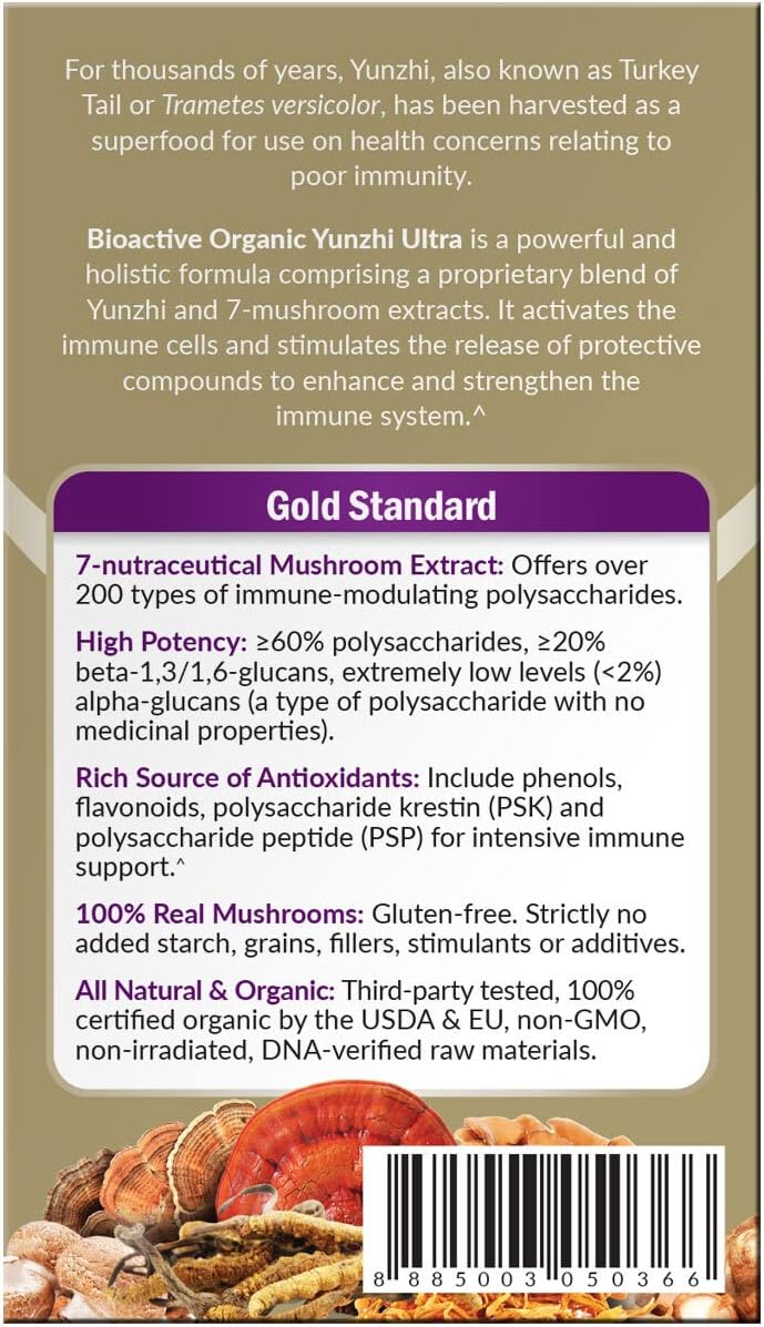 LABO Nutrition Bioactive Organic Yunzhi/Turkey Tail Ultra - 7 Mushroom Extract Supplement, Turkey Tail Cordyceps Maitake Reishi Agaricus blazei Shiitake for Immunity No Fillers Vegan USDA Organic