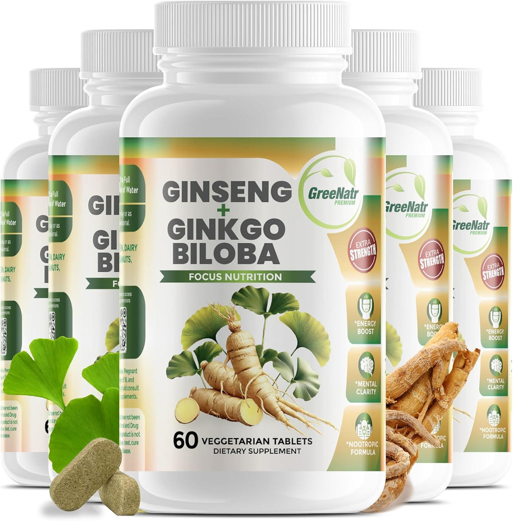 Ginko Biloba & Panax Ginseng Supplement - Red Ginseng Brain Supplement for Memory and Focus - Ginkgo Biloba Supplements for Good Vision, Immune System and Improved Blood Flow - 360 Tablets