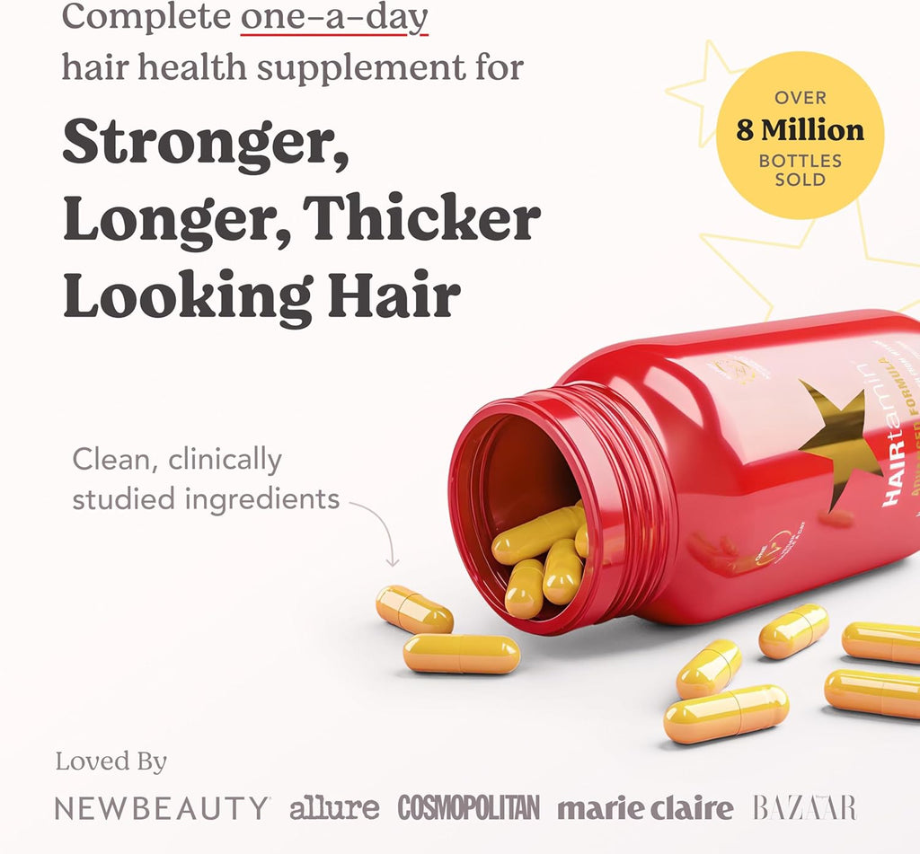 HAIRtamin Advanced Formula Hair Growth Supplement for Women & Men, Supports Stronger, Longer, Visibly Thicker Hair, With 5000 mcg Biotin, Vitamins & Antioxidants, 100% Vegan – 1 Month Supply