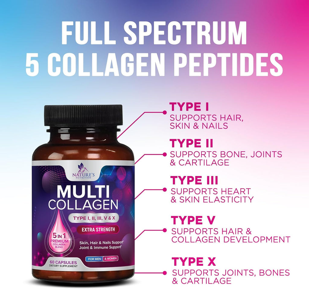 Multi Collagen Supplement 2400 mg - Types I, II, III, V & X Multi Collagen Peptides Pills for Women & Men, Hydrolyzed Collagen Supplements, Hair, Skin, Nail, & Joint Support Supplement - 60 Capsules