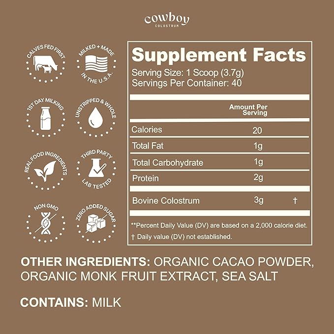 COWBOY COLOSTRUM Powder - Bovine Colostrum Powder for Women & Men - First Day Milking Whole Colostrum - Grass Fed Colostrum Supplement for Gut Health, Immunity, Skin & Hair (Chocolate, 40 Servings)