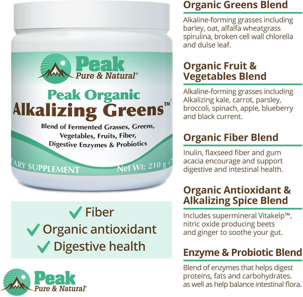 Peak Pure & Natural Peak Organic Alkalizing Greens Support pH Balance and Alkalinity | Superfood Green Drink Powder | Blend of Fermented Grass, Vegetable, & Fruit | Digestive Enzyme & Probiotic Powder