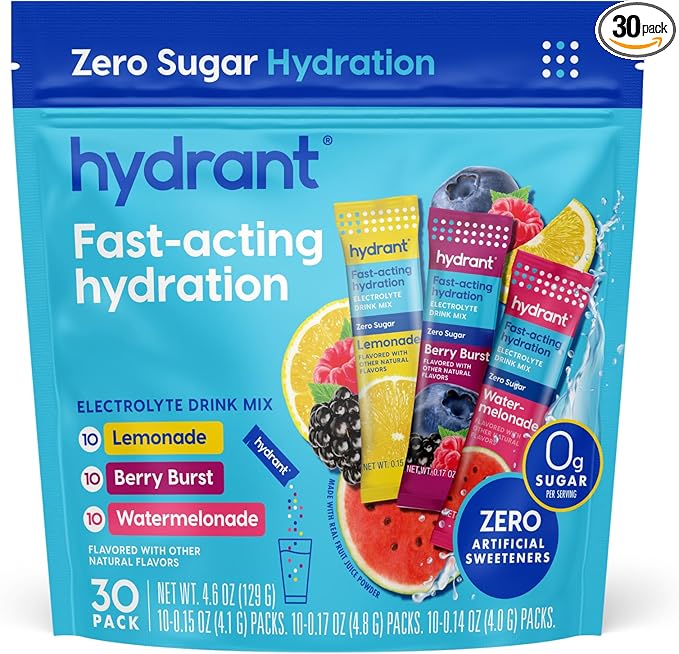 HYDRANT Hydrate Zero Sugar, Individual Hydration Electrolyte Powder Stick Packets with Zero Sugar and Electrolytes for Rapid Hydration (Variety Pack, 30 Count)