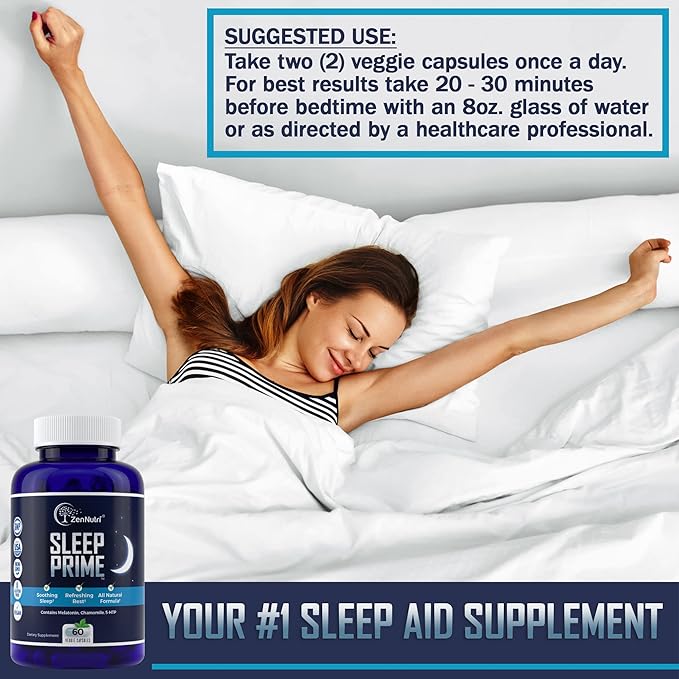 Sleep Prime Vegan Natural Sleep Aid for Adult Extra Strength - Deep Sleep Supplement - Herbal Sleeping Pill - Stress Relief - Melatonin, GABA - 60 Veggie caps
