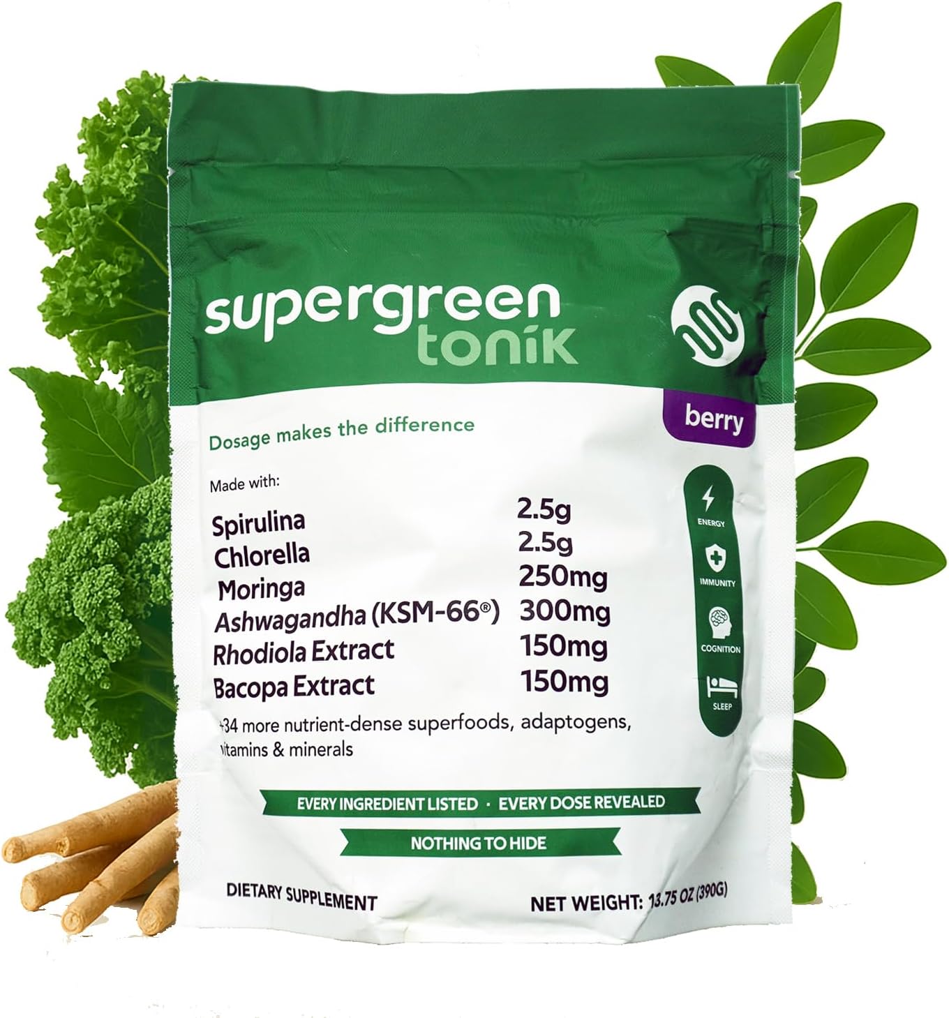 100% Natural Greens Superfood Powder – Daily Supplement with 40 Superfoods, Vitamins and Minerals – Supports Energy, Stress and Immunity – 30 Days 360 Grams Berry Flavor (1 Bag)