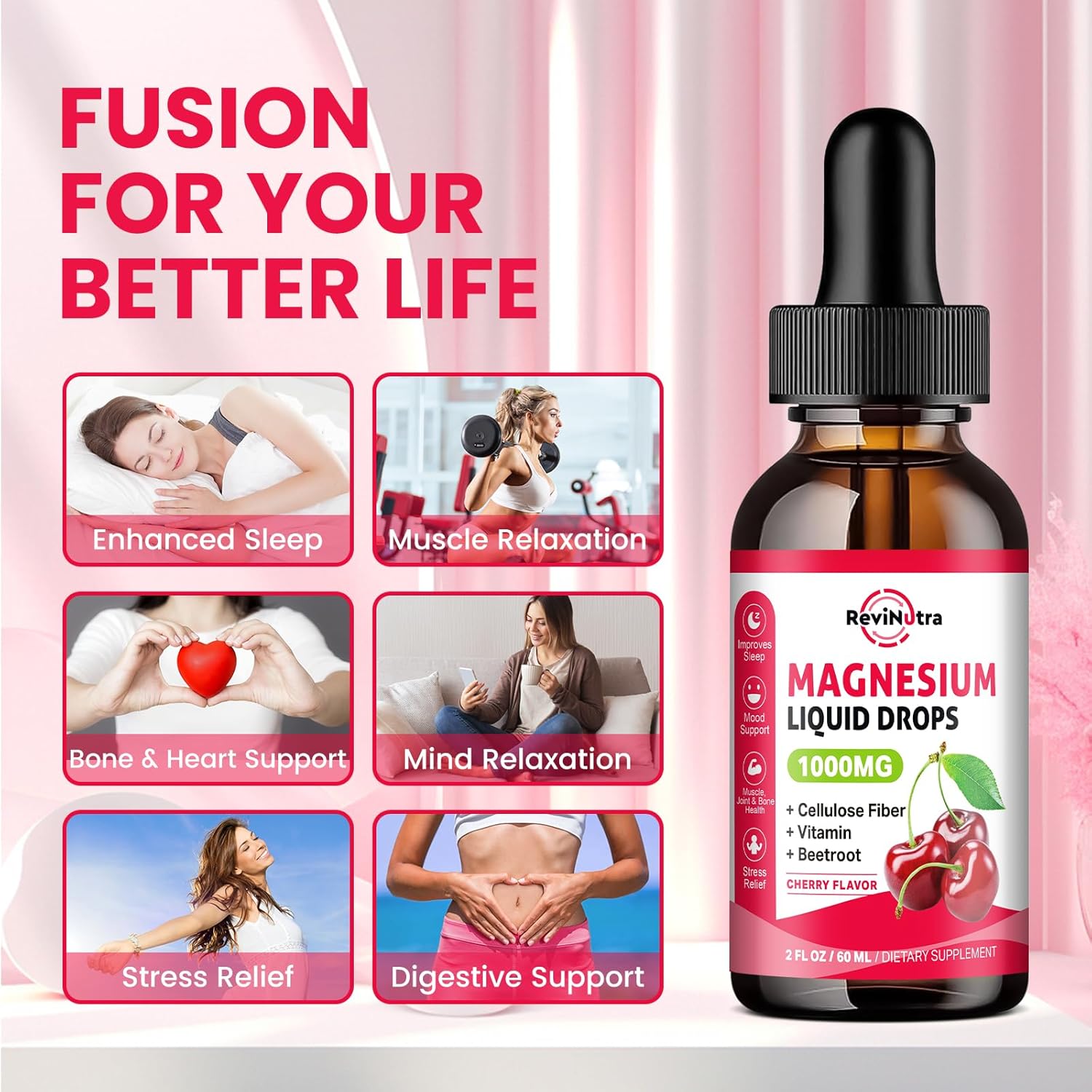 Magnesium Glycinate Liquid Drops, 1000mg Magnesium Glycinate, Citrate & Taurate with Fiber, Beetroot, Vitamin B & C for Sleep, Calm, Muscle, Energy & Relaxation, 2 Fl Oz, Sugar-Free Cherry Flavor