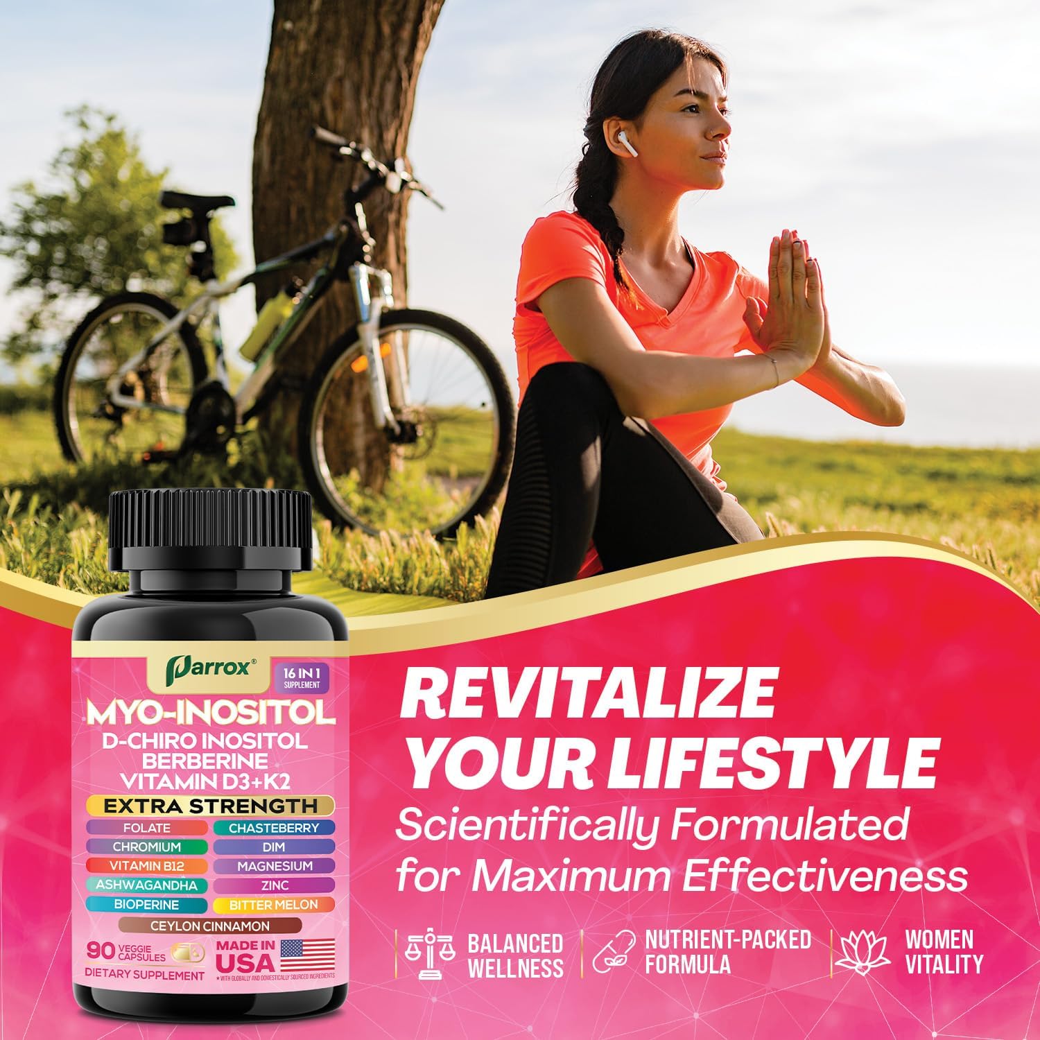 Myo Inositol Supplement, D-Chiro Inositol, Folate, DIM, Vitamin D3, B12, K2, Chromium, Bioperine, Ceylon Cinnamon, Zinc, Ashwagandha, Chasteberry, Magnesium, Berberine (90 Vegan Capsules)