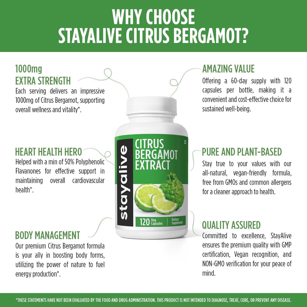 STAY ALIVE Citrus Bergamot Capsules 1000mg, 30:1 Super Extract with 50% Polyphenolic Flavanones, 120 Pills, Citrus Bioflavonoids Natural Heart Health Supplements for Women & Men | Non-GMO, Gluten-Free