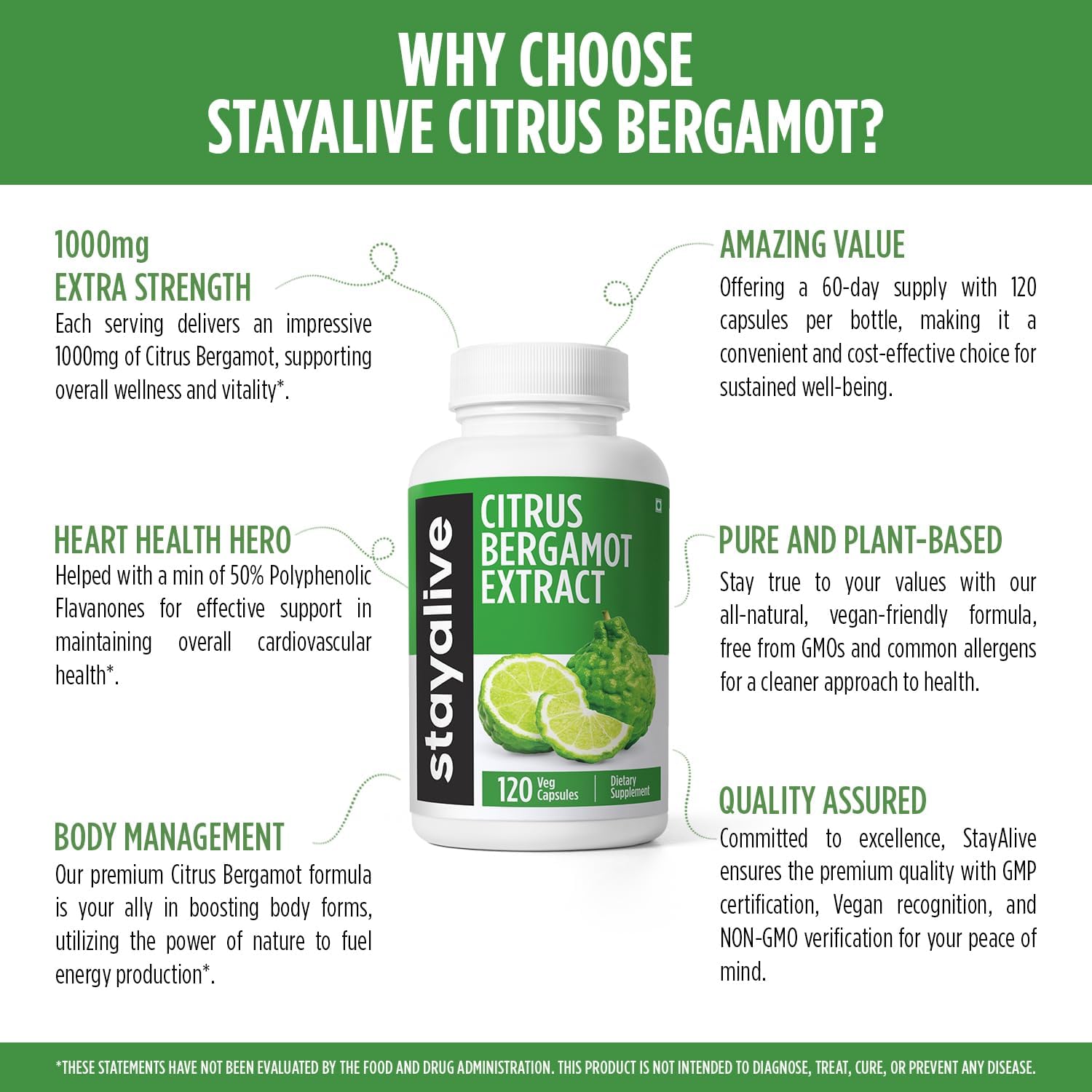 STAY ALIVE Citrus Bergamot Capsules 1000mg, 30:1 Super Extract with 50% Polyphenolic Flavanones, 120 Pills, Citrus Bioflavonoids Natural Heart Health Supplements for Women & Men | Non-GMO, Gluten-Free