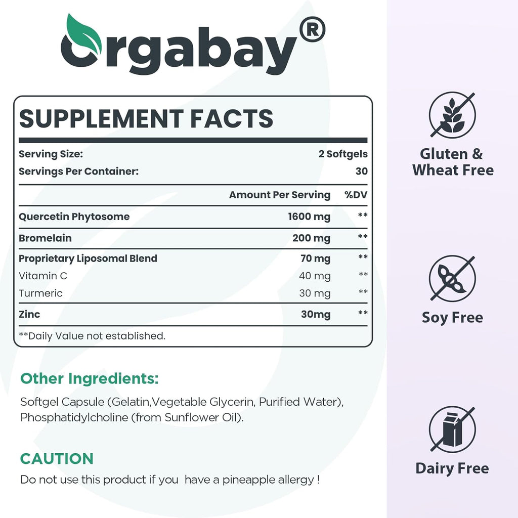 Orgabay Liposomal Quercetin Phytosome 1600 mg,Bromelain 200mg,Zinc 30mg,Vitamin C Turmeric 40 mg,Highest Absorption,Quercetin Complex, 60 Softgels