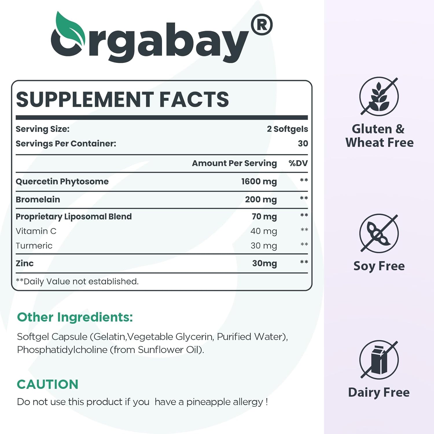 Orgabay Liposomal Quercetin Phytosome 1600 mg,Bromelain 200mg,Zinc 30mg,Vitamin C Turmeric 40 mg,Highest Absorption,Quercetin Complex, 60 Softgels