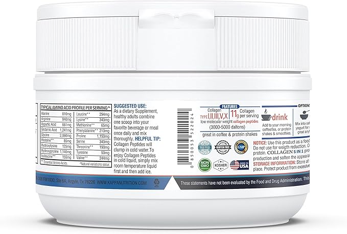 KAPPA NUTRITION Collagen Peptides Powder, 5 in 1 Multi-Collagen Advanced Complex with Hydrolyzed Collagen Peptides, Supports Skin, Hair, Nails, Joints & Bones / 30 Servings