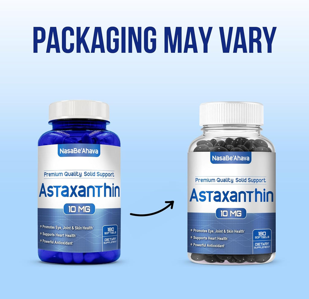 Astaxanthin Supplement for Men and Women | Antioxidant & Carotenoid Rich Astaxanthin 10mg From Haematococcus Pluvialis Microalgae for Eye & Skin Health Support (180 Day Supply) Packaging May Vary