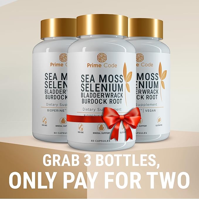 Prime Code Sea Moss Capsules with Selenium, Bladderwrack & Burdock Root – BioPerine® Enhanced Absorption – Vegan Daily Supplement for Immune, Skin, Gut & Energy Support – Pure Formula, No Sugar