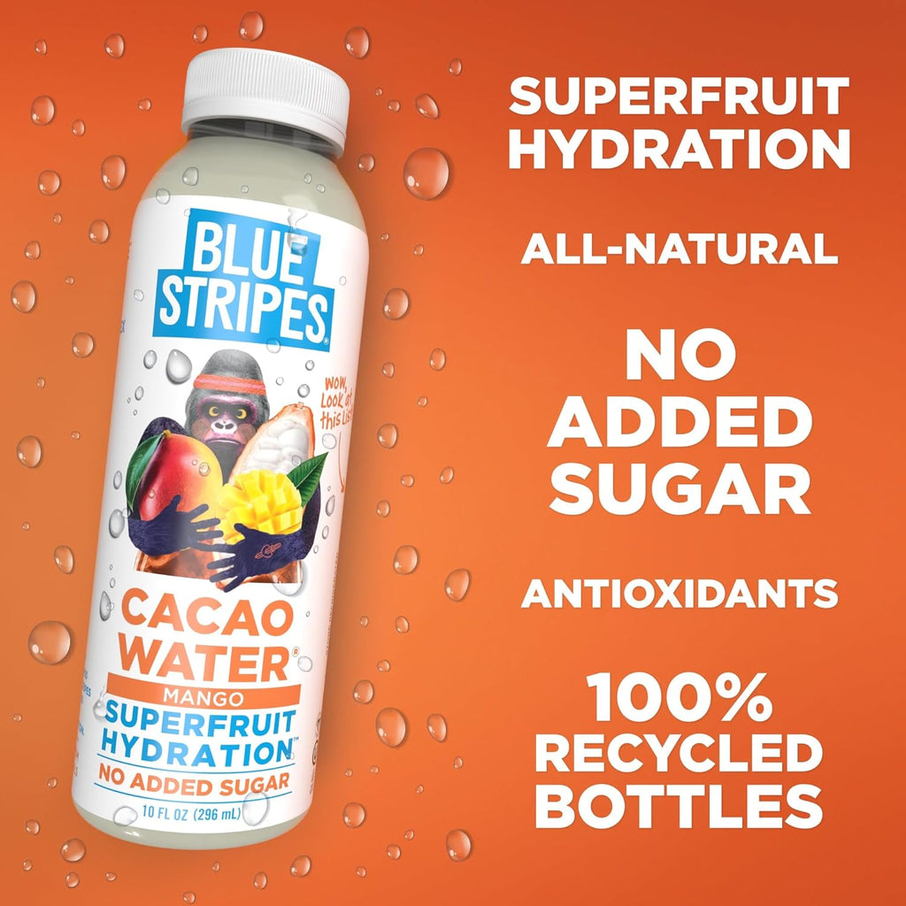 Blue Stripes Cacao Water (Mango) - All-Natural, No Sugar Added, Superfruit Hydration - Electrolytes & Antioxidants | Vitamin C & B | No Artificial Ingredients | (12 Pack)