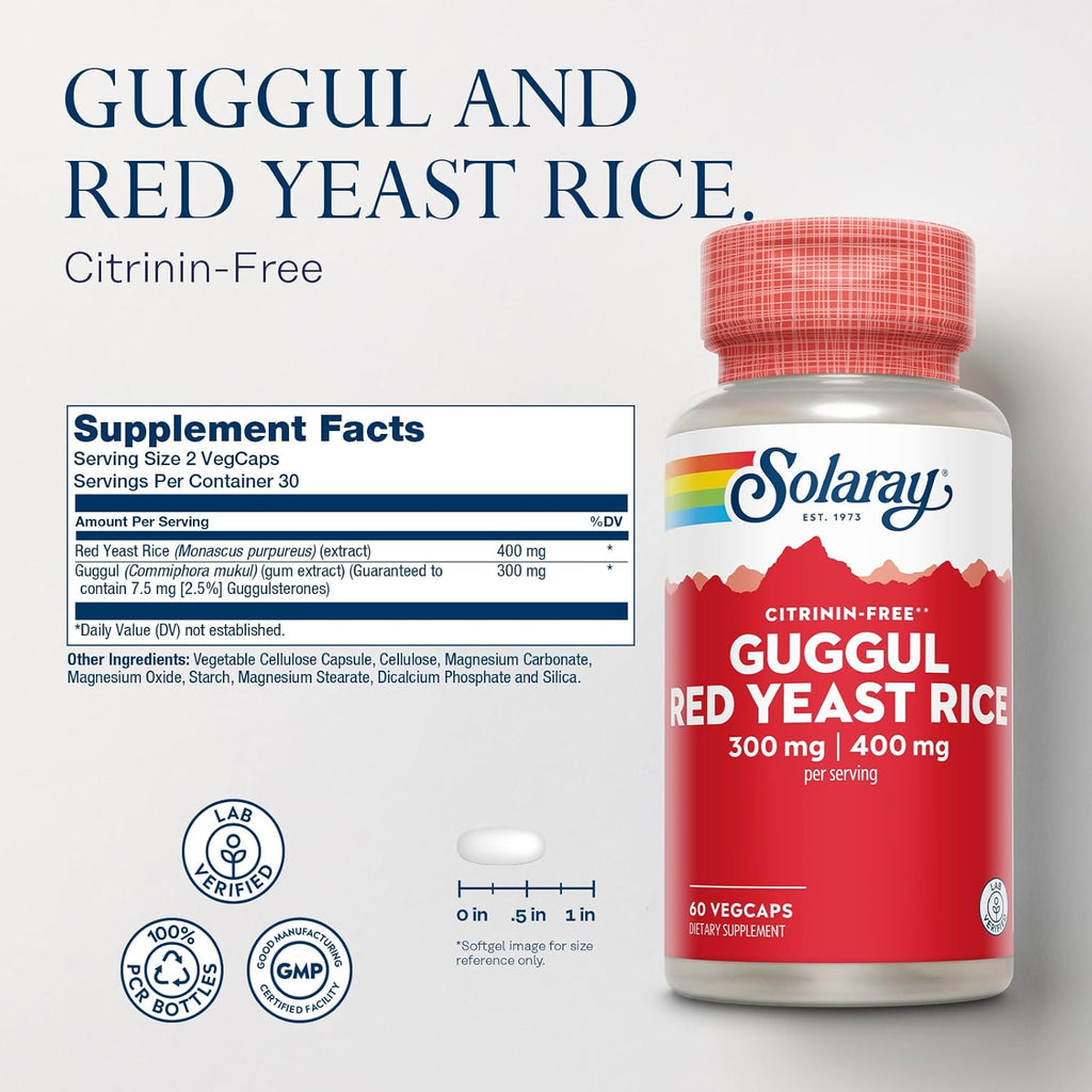 SOLARAY Guggul Gum Extract & Red Yeast Rice | Healthy Cardiovascular Function Support | Ancient Chinese Medicine & Ayurvedic Medicine Combo | 60ct