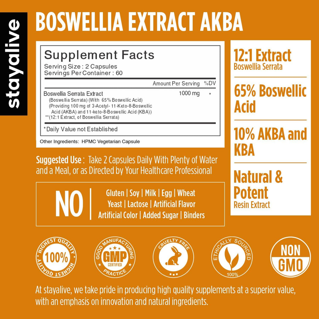 STAY ALIVE Boswellia Serrata Extract Capsules 1000mg with AKBA and 65% Boswellic Acid, 12:1 Resin Extract Powder, 120 Count for 2-Month Supply, Non-GMO and Gluten-Free Boswellia Supplement