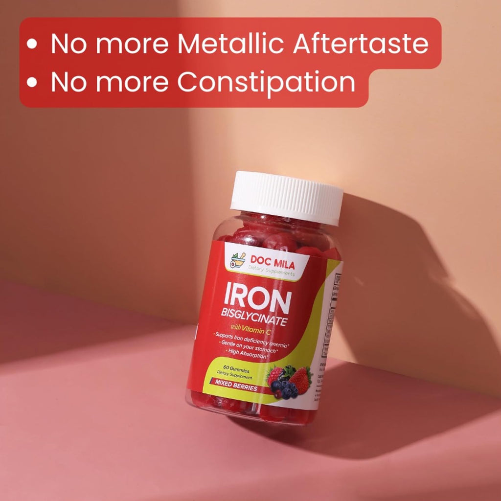 Iron Supplement for Kids and Adults - Iron Bisglycinate Gummies 25mg with Liposomal VIT C - Chelated Iron Supplement for Women and Men - 60 Gummies, 1 Month Supply