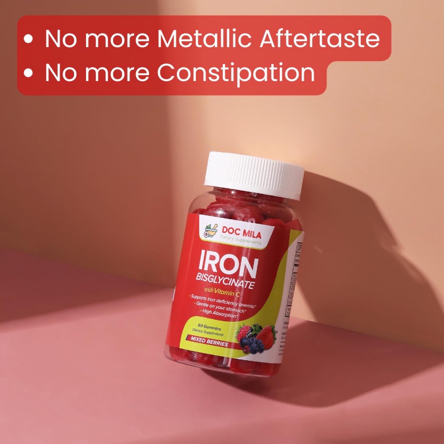Iron Supplement for Kids and Adults - Iron Bisglycinate Gummies 25mg with Liposomal VIT C - Chelated Iron Supplement for Women and Men - 60 Gummies, 1 Month Supply