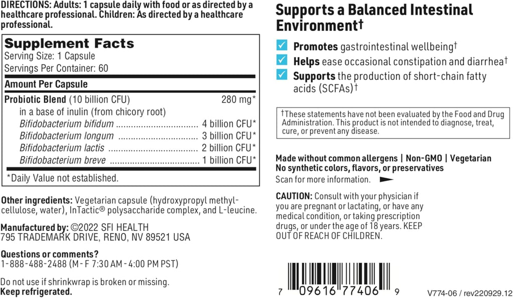 Klaire Labs Ther-Biotic Factor 4 – 10b CFU Bifidobacterium Bifidum Probiotic with Breve, Lactis & Longum - Immune + Gut Health Support - Hypoallergenic Bifidobacterium Probiotic (60 Capsules)