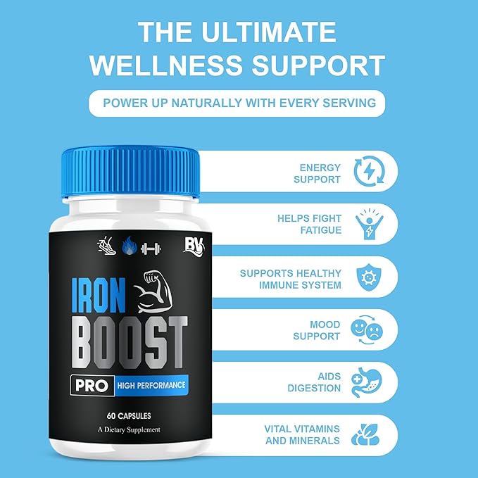Iron Boost Pro Premium Performance Capsules, Iron Boost Advanced Health Supplement Pills, Iron Boost Premium Daily Health Support and Overall Wellness Formula by Blue Vibe (2 Pack - 120 Capsules)