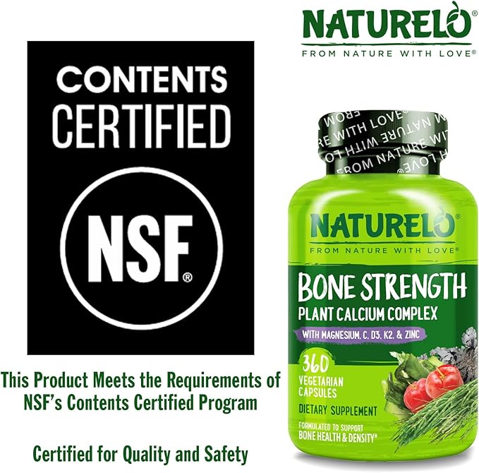 NATURELO Calcium Supplement - with Vitamin C, Vitamin D3, K2, and Calcium Magnesium Zinc for Bone Strength with Calcium 600mg - Plant-Based, 360 Vegetarian Capsules, Non-GMO, Soy & Gluten-Free