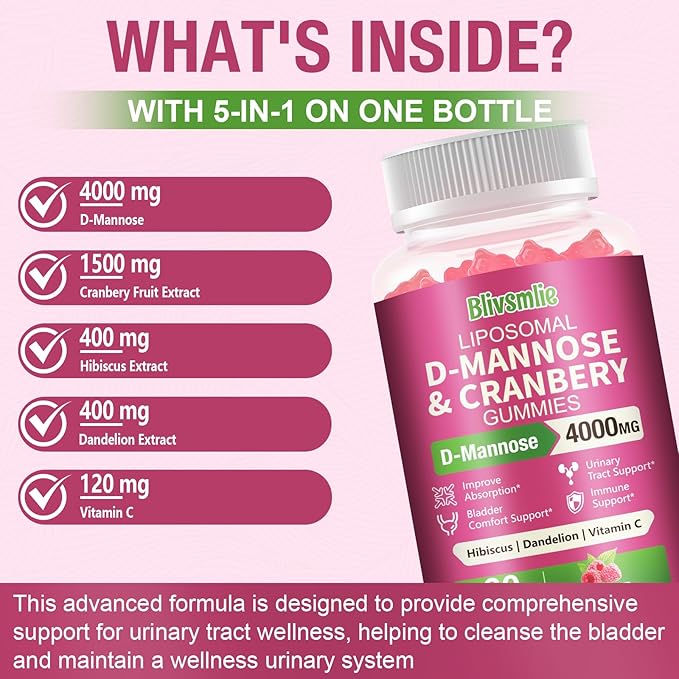 Liposomal D-Mannose Gummies 4000mg Complex Cranberry 1500mg & Hibiscus,High-Potency Formula for Women Urinary Tract & Immune Support,Liver, Bladder Flush Cleanse Wellness Supplement